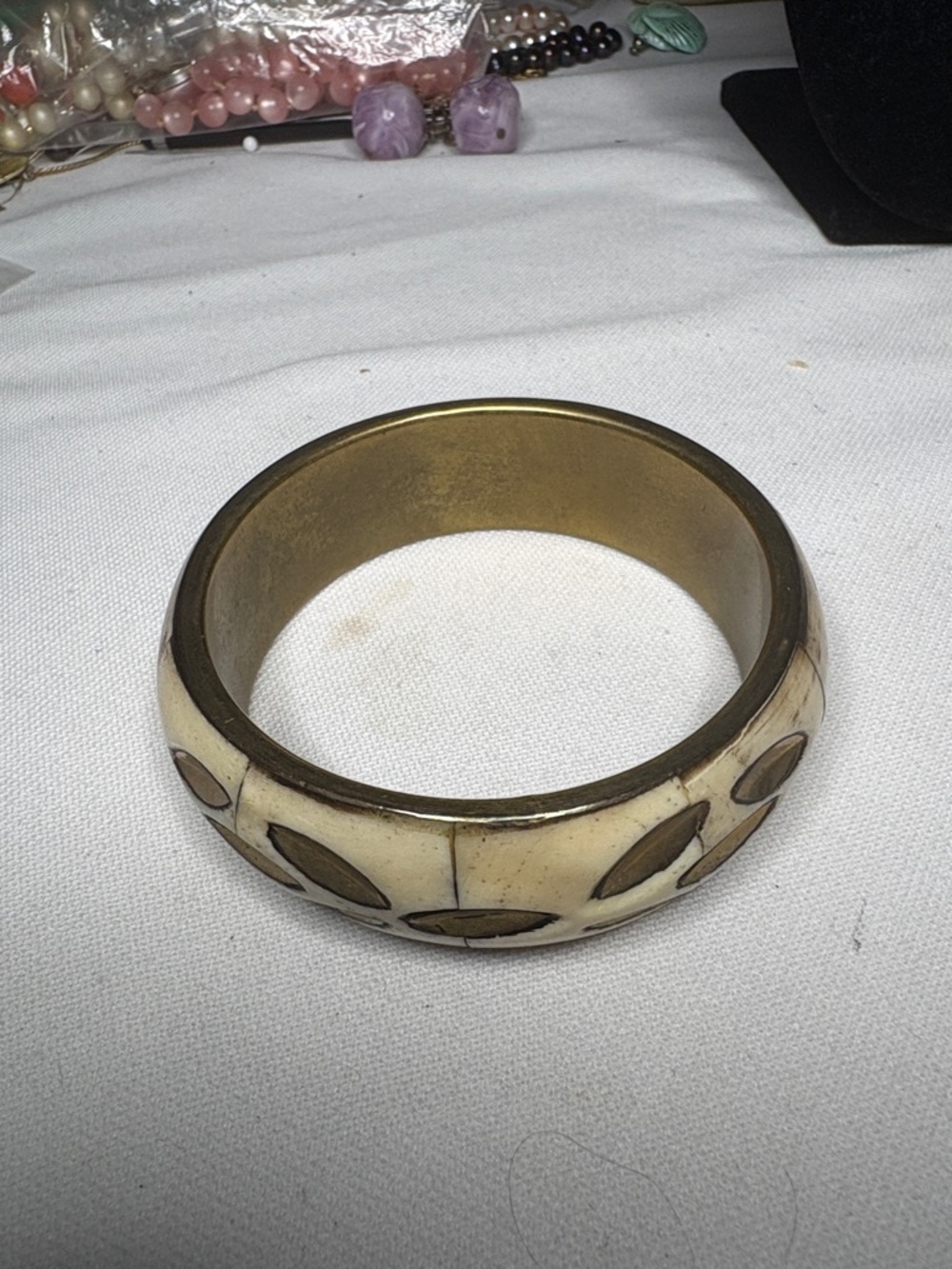Source Unknown Ivory and Brown Inlay Bangle Bracelet
